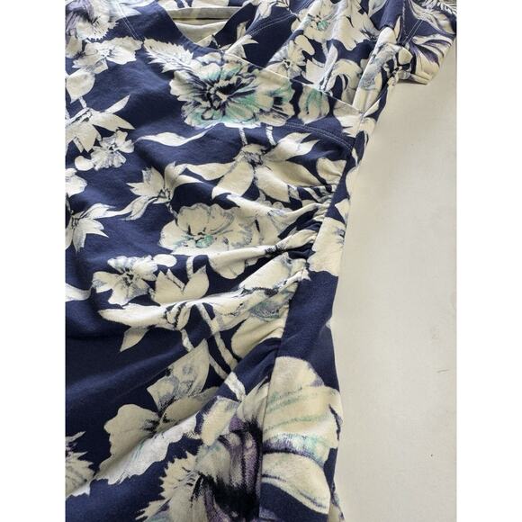 Soft Surroundings Blue White Floral Faux Wrap Dress Medium Cap Sleeve Ruched - Picture 2 of 7
